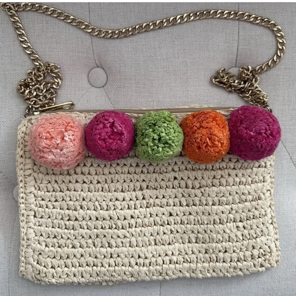 Pom Pom Crossbody Purse Straw Crochet Bag‎ 7.5H X 11.5L Shinny Gold Chain 22